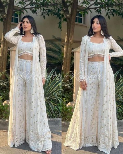 White Skirt Crop Top Outfit, Short Koti Dress Design, Skirt Plazo Design, Long Skirt And Top Indian, Skirt Top Indian Outfit, Long Koti, Skirt And Top Indian, Ethereal Elegance, Trendy Outfits Indian