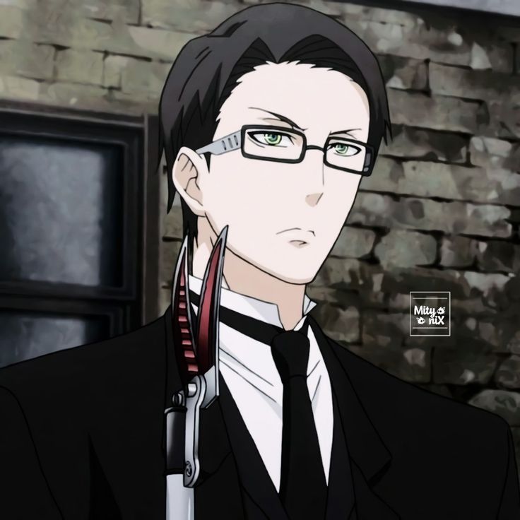 an anime character wearing glasses and a suit with a tie around his neck, standing in front of a brick wall