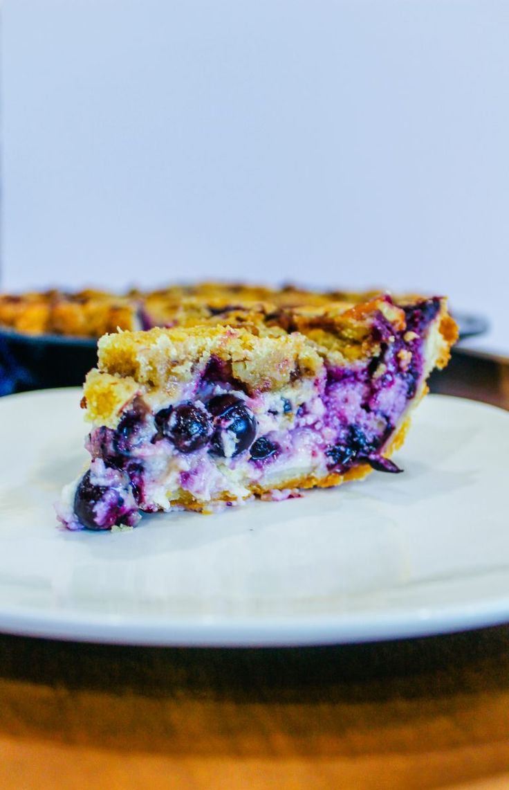 a slice of blueberry pie on a white plate