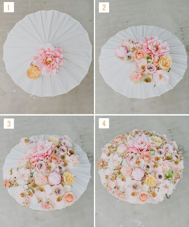 four pictures showing how to decorate an umbrella with flowers