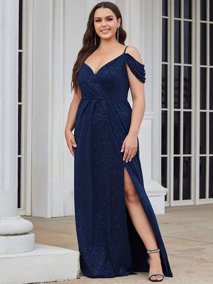 This sophisticated plus size maxi formal evening dress features a high slit on the front, giving it a unique elegance made to get noticed. We think this plus size spaghetti straps cold shoulder evening dress is perfect for any formal occasions, like weddings, evening parties, prom nights & more. Fit: Please refer to Size Chart. Closure: It is Concealed a Zipper Up The Back. Undergarments: It is Not Padded, with Lining. Fabric: Shell:95%Polyester 5%Elastane, Lining:100%Polyester. Stretch: Fabric Plus Size Ball Dresses, Plus Size Formal, Evening Dress Floor Length, Wrap Dresses, Evening Dresses Plus Size, Ever Pretty, Floor Length Skirt, Evening Gowns Formal, Vow Renewal