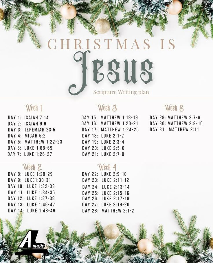 the christmas is jesus schedule with pine branches and ornaments