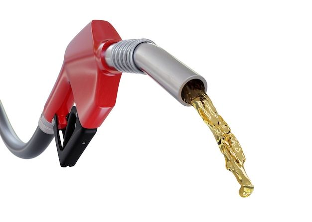 a red and silver gas pump with gold hoses attached to it's sides