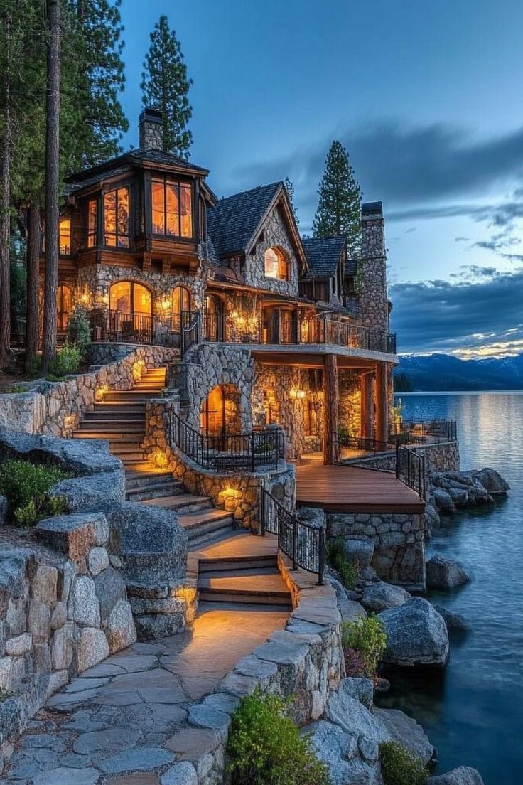 a large house sitting on top of a cliff next to the ocean at night with stairs leading up to it