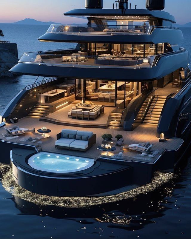 the yacht is lit up at night and has an outdoor jacuzzi tub on it