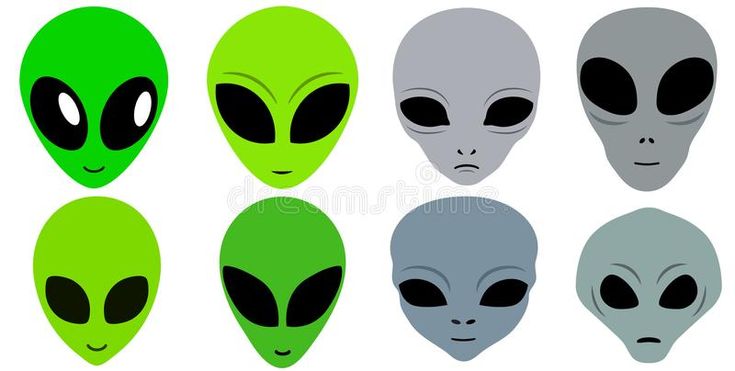 six alien heads in different colors and sizes, each with an evil look on their face