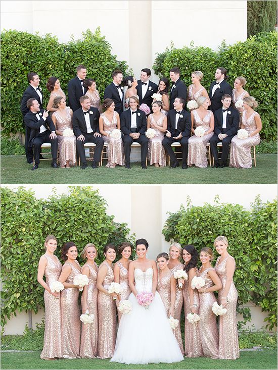 the bride and groom are posing for pictures with their wedding party