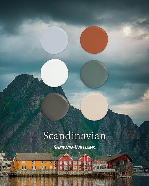 the cover of scandinavian wallpapers featuring houses and mountains in red, orange, white, grey and green