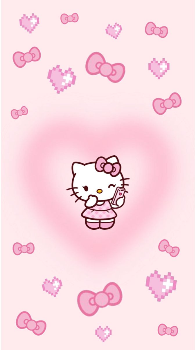 the hello kitty wallpaper is pink and has hearts