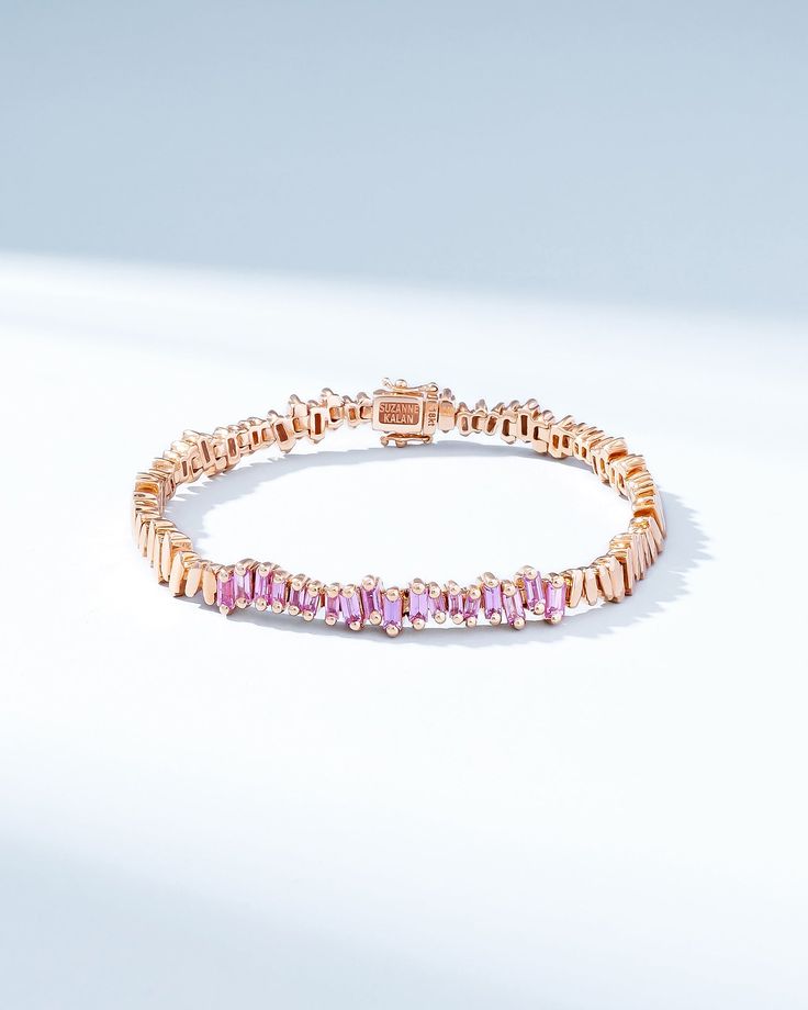 Suzanne Kalan Golden Pink Sapphire ID Bracelet in 18k rose gold Luxury Pink Diamond Bracelet As Gift, Pink Diamond Bracelets For Formal Occasions, Luxury Rose Gold Pink Sapphire Jewelry, Elegant Pink Diamond Bangle Bracelet, Elegant Rose Gold Baguette Diamond Tennis Bracelet, Luxury Pink Diamond Jubilee Bracelet, Luxury Rose Gold Tennis Bracelet With Baguette Diamonds, Luxury Pink Diamond Bracelet For Anniversary, Rose Gold Baguette Cut Tennis Bracelet For Formal Occasions