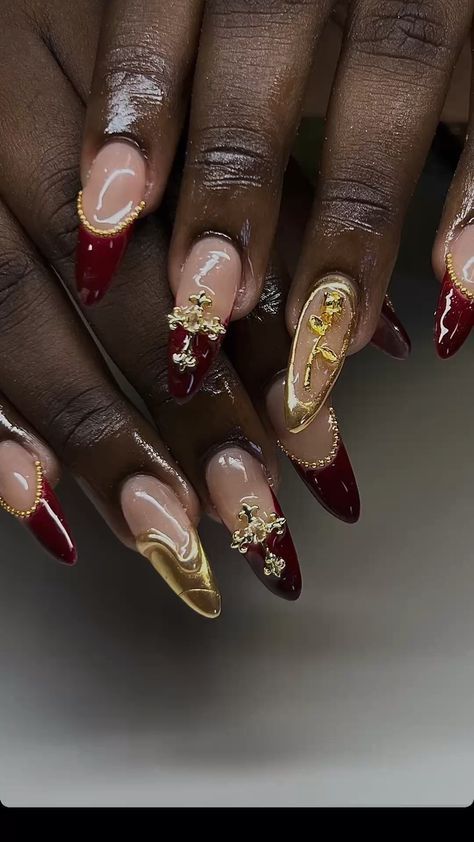 Breanna Quan Nails, Red Gel X Nail Designs, Red N Gold Nails, Nail Ideas Red And Gold, Christmas Nails Maximalist, Gold And Red Nails Ideas, Red And Gold Acrylics, Red Polish Nail Designs, Square Acrylic Nails Gold