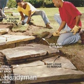 two men are working on some rocks in the yard, and one man is holding a hammer