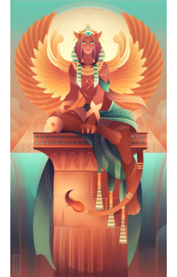 an egyptian woman sitting on top of a pillar with wings above her head and eyes closed