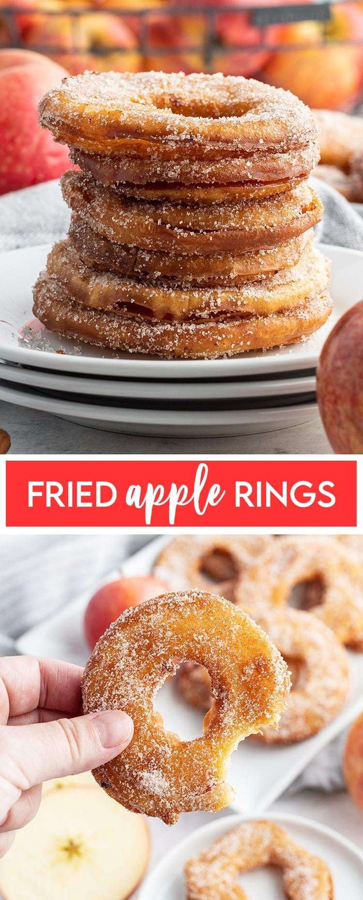 a stack of fried apple rings sitting on top of plates with apples in the background