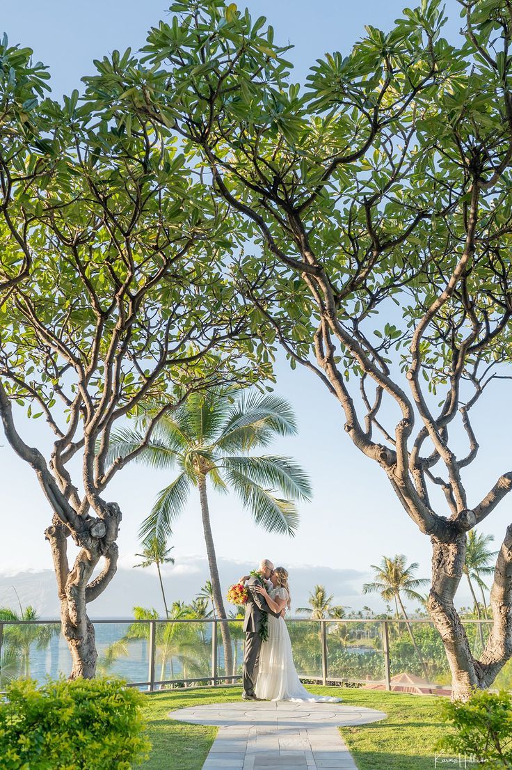 a bride and groom standing under trees in front of the ocean on their wedding day