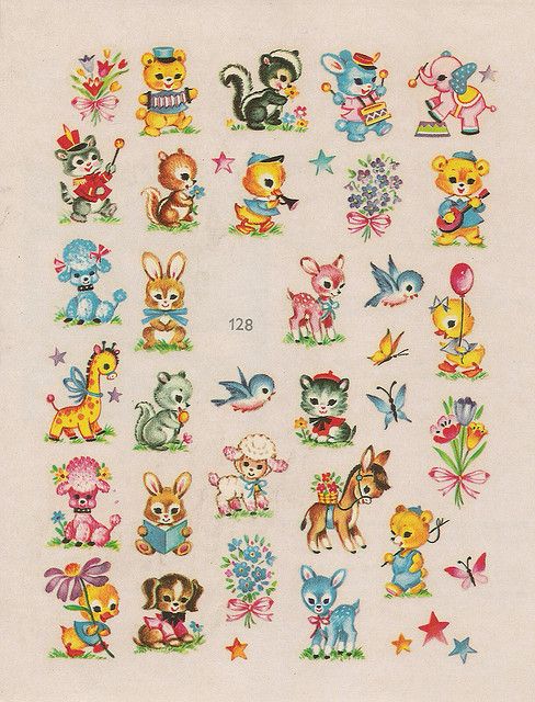 an assortment of cartoon animals and stars on a white background