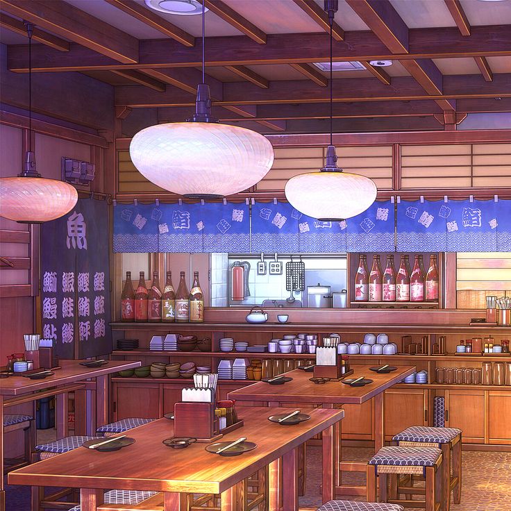 the interior of a japanese restaurant with wooden tables and chairs, lanterns hanging from the ceiling