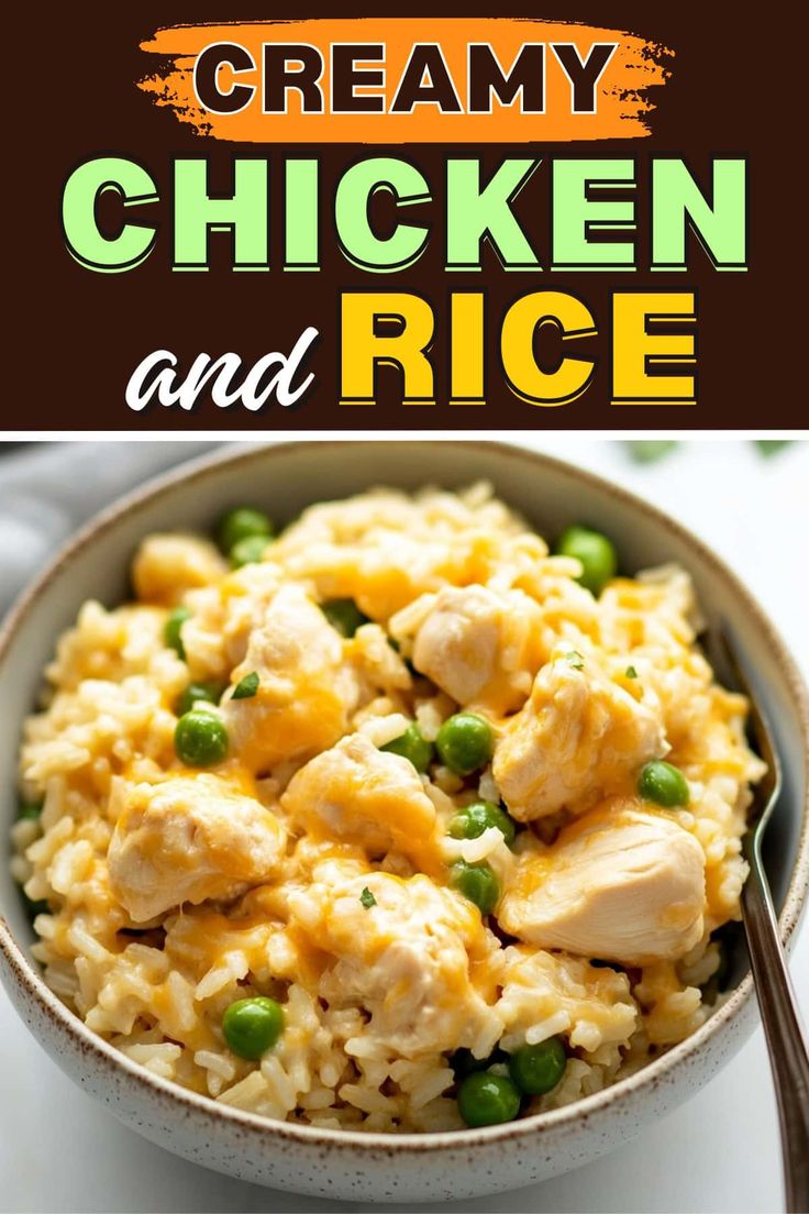 creamy chicken and rice with peas in a bowl