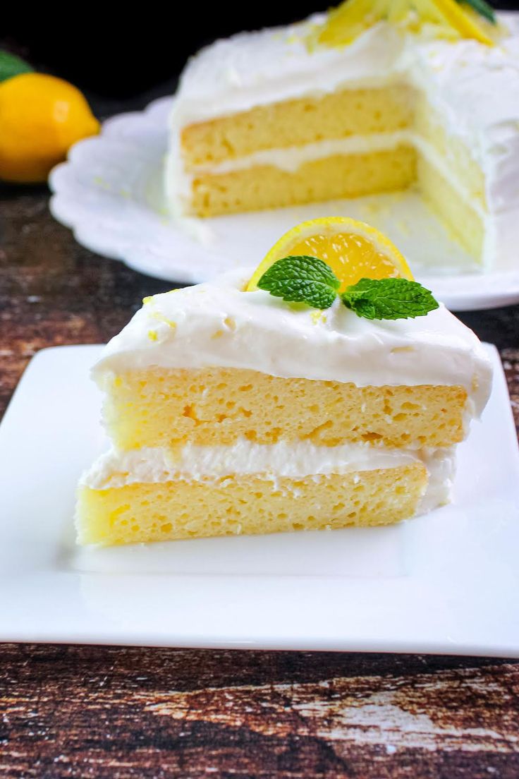 a slice of lemon cake on a white plate