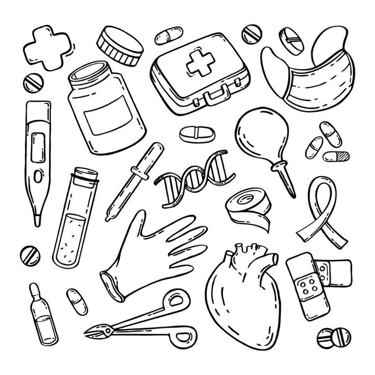 black and white drawing of medical items