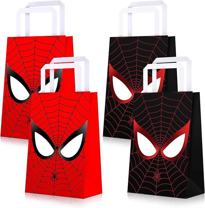 three bags with spider - man faces on them, one is red and the other is black