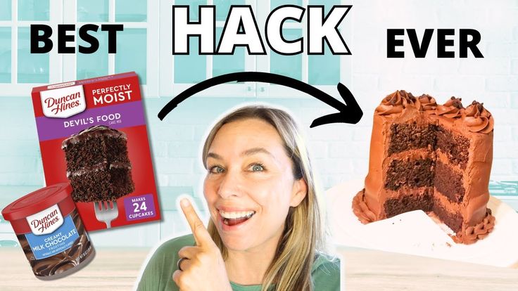 a woman pointing at a piece of cake with chocolate frosting on it and the words, best hack ever