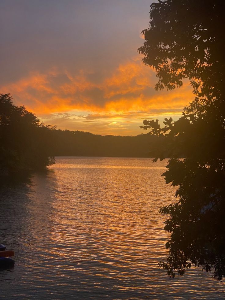 the sun is setting over a lake with boats on it and trees in the foreground