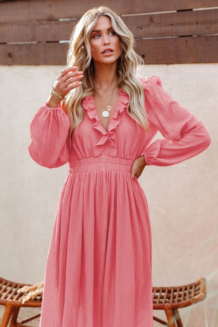 Ruffled V Neck Empire Waist Maxi Dress Pink Ruffled Fall Dress, Feminine Flowy Long Sleeve Ruffle Dress, Pink Ruffled Mini Dress For Fall, Pink Ruffle Hem Mini Dress For Fall, Spring Solid Mini Dress With Ruffle Hem, Pink Fall Midi Dress With Ruffle Hem, Flowy Long Sleeve Ruffle Dress For Spring, Pink Mini Dress With Ruffle Hem For Fall, Solid Mini Dress With Ruffle Hem For Spring