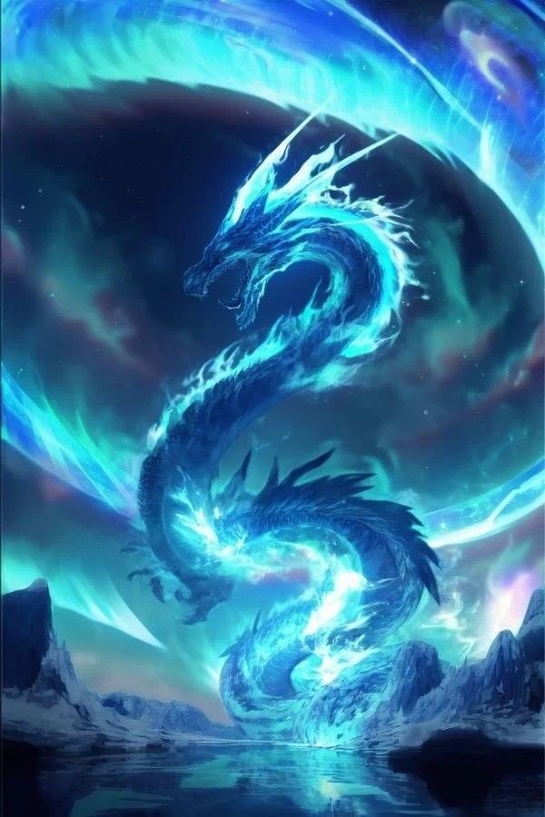 a blue dragon sitting on top of a body of water under a sky filled with clouds