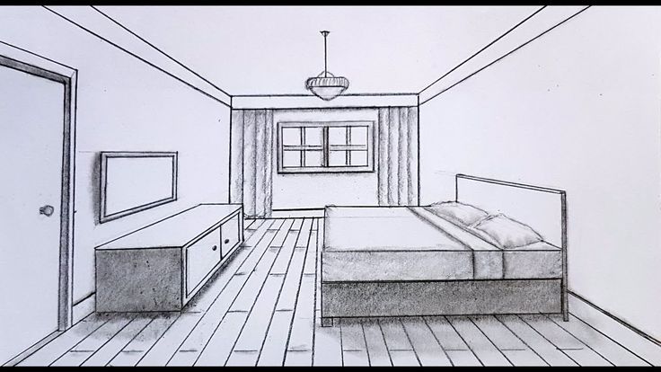 a drawing of a bedroom with a bed and dresser