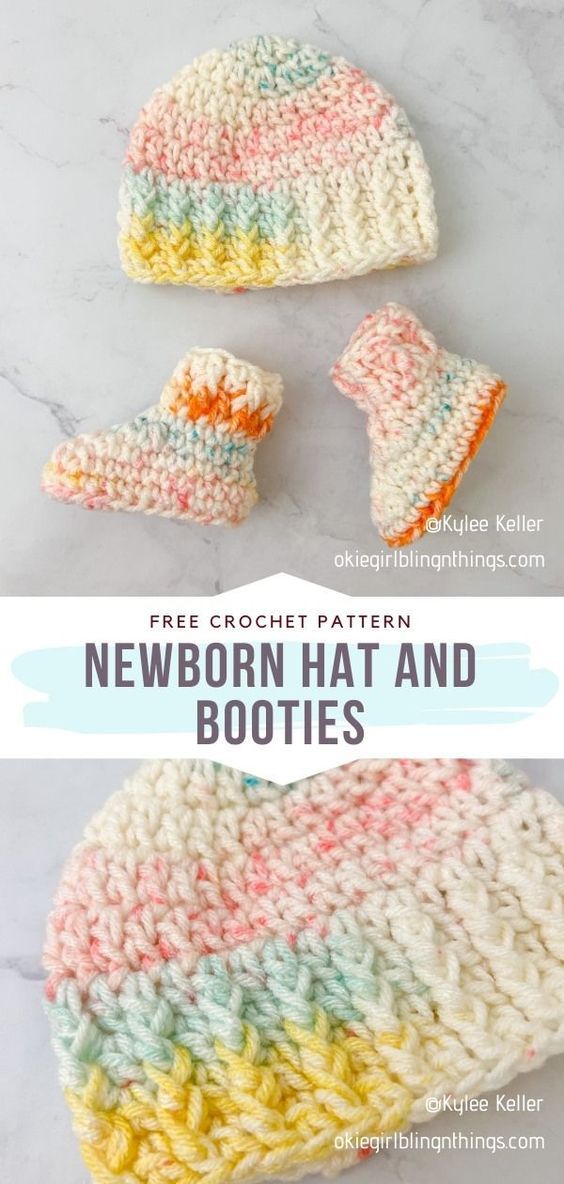 crocheted newborn hat and booties with text overlay that says free crochet pattern newborn hat and booties