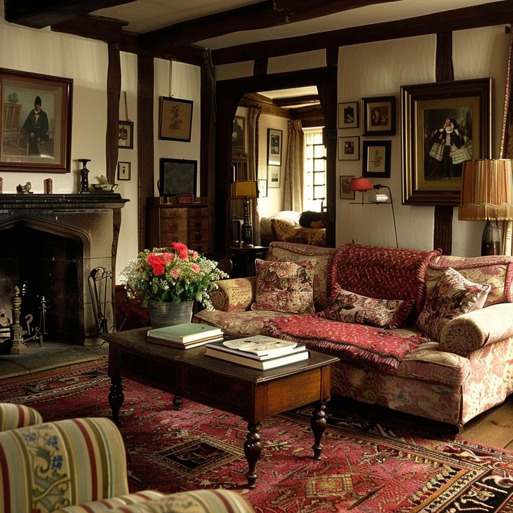 a living room filled with furniture and a fire place