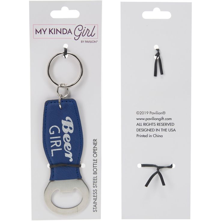 a key chain with a bottle opener attached to it's side and an ad for my kinda girl