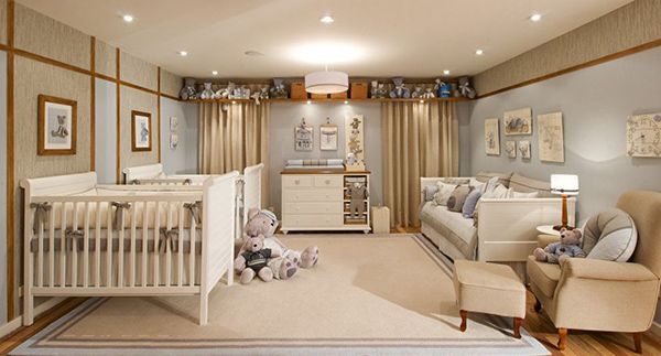 a baby's room is decorated in neutral colors