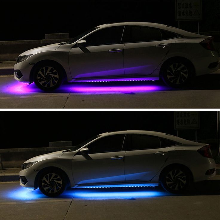 two side by side images of a car with blue and purple lights on the hood