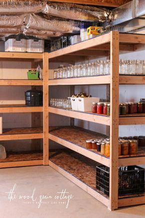 the shelves are filled with jars and other items in this storage room for storing supplies