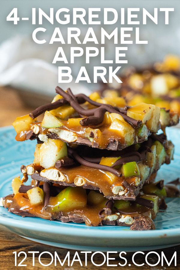 four ingredient caramel apple bark on a blue plate with text overlay that says, 4 ingredient caramel bark