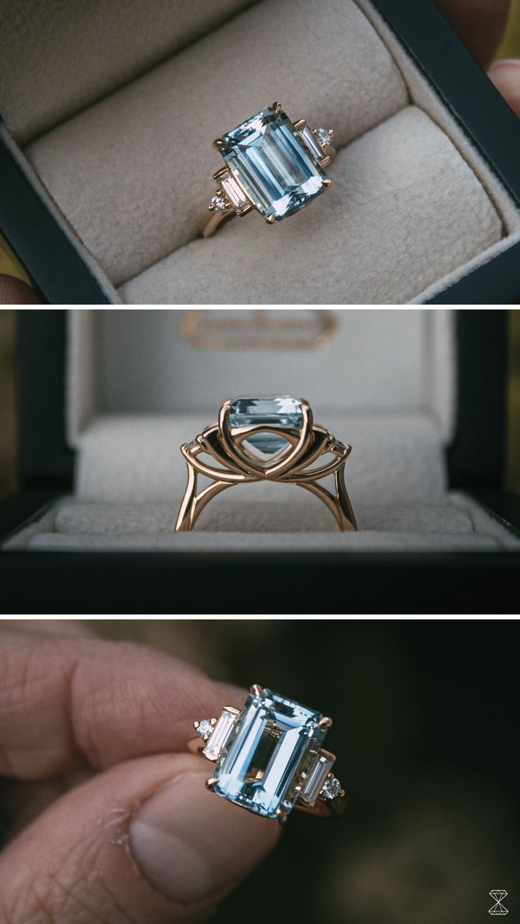 two views of an engagement ring in a box