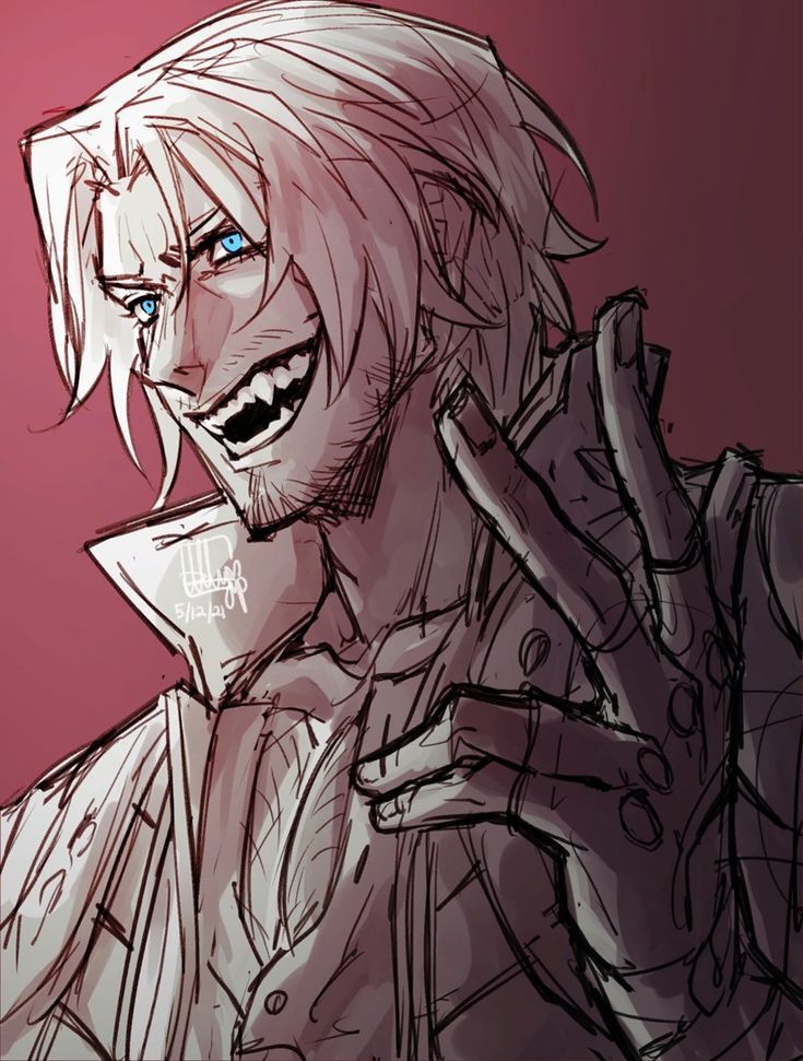 a drawing of an evil looking man with blue eyes and white hair, holding his hand up to his face