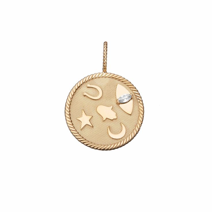 Bring on all the luck and positive energies you could ask for with this single charm. It’s inscribed with well-wishing symbols, from a horseshoe to evil eye. Its round frame looks striking when paired with other geometric charms. - Gold vermeil; sterling silver - Approximately 4.87 grams- 1" width- White sapphires- 9mm bail Gold Piece, Round Frame, White Sapphire, Gold Plated Silver, Gold Plated Sterling Silver, Pure Silver, Evil Eye, Gold Vermeil, Precious Metals