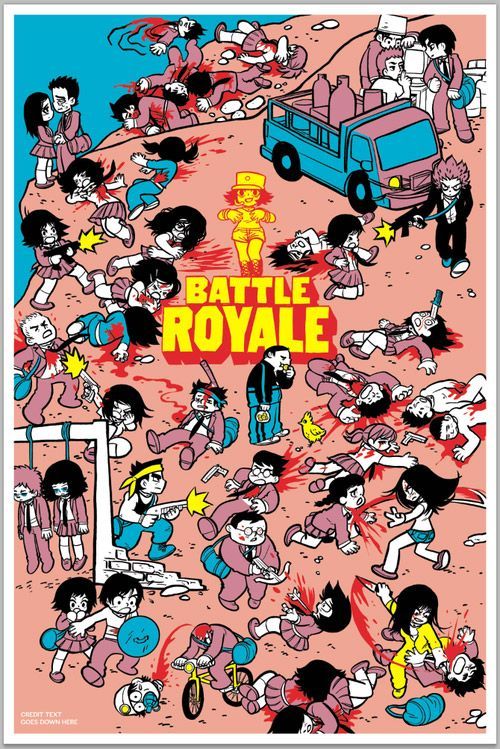 the battle royale poster is shown in pink and blue with various cartoon characters on it