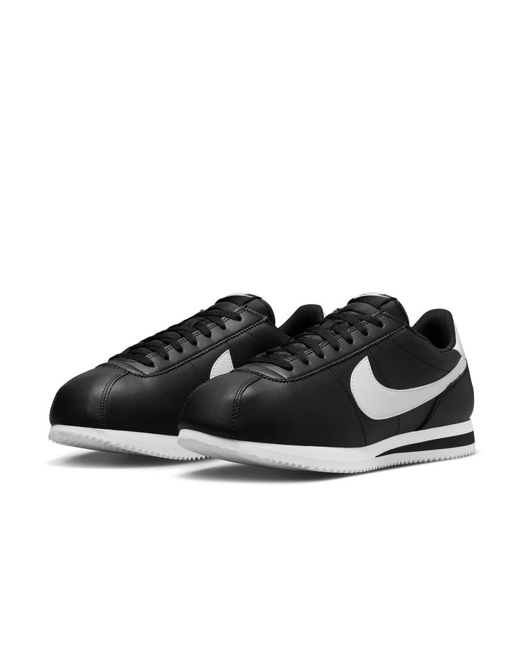 Nike Cortez leather sneakers in black and white | ASOS Classic High-top Sneakers For Jogging, Nike Sneakers With Rubber Sole, Nike Sneakers With Contrast Sole For Running, Nike Sneakers With Contrast Sole For Jogging, Black Sneakers With Rubber Waffle Outsoles For Jogging, Nike High-top Running Sneakers With Rubber Sole, Nike Leather Sporty Sneakers, Nike Leather Sneakers Sporty Style, Sporty Low-top Walking Shoes With Studded Outsoles