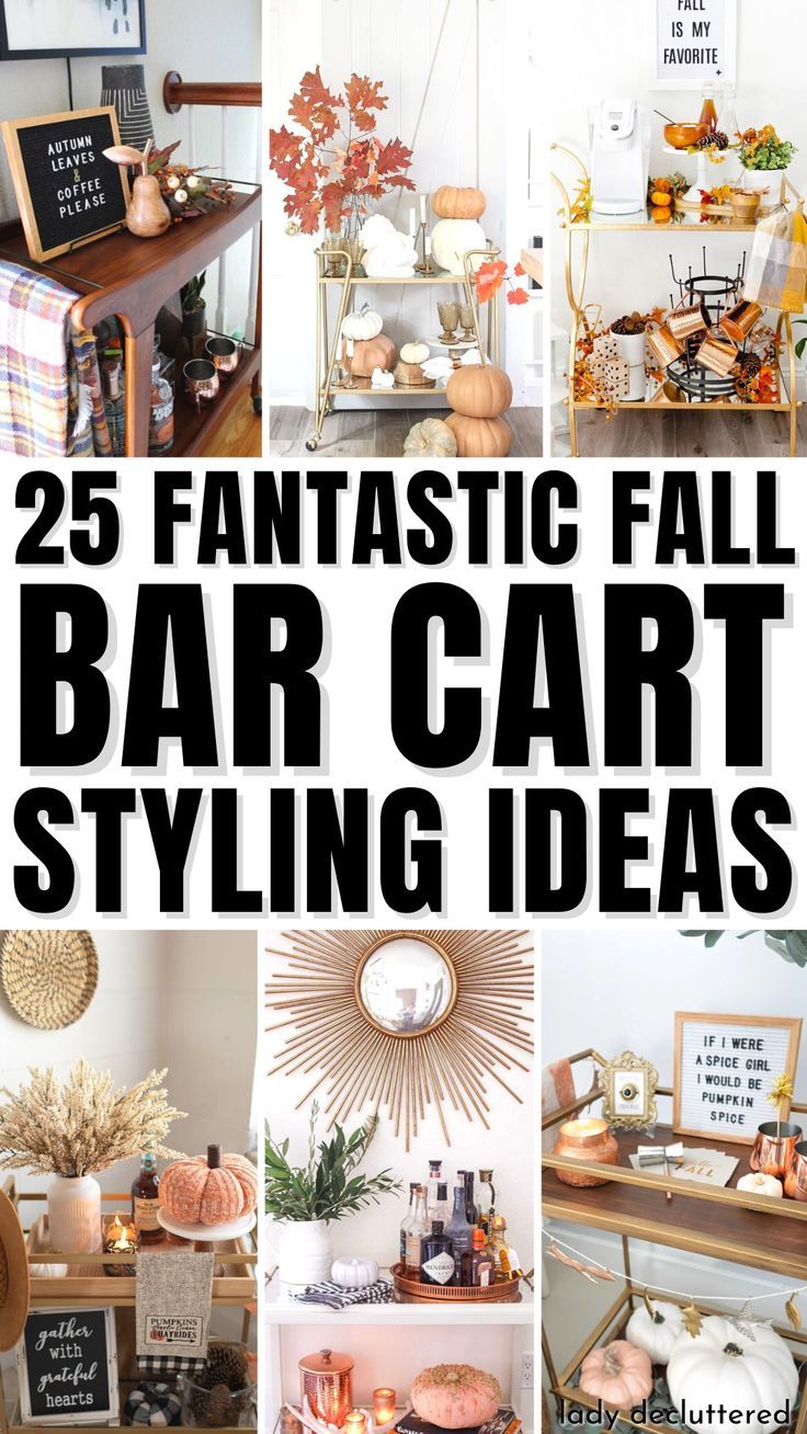 25 Fantastic Fall Bar Cart Styling Ideas Two Tier Bar Cart, Coffee Bar Cart Ideas Modern, Bar Car Decor, Modern Bar Cart Decor, Wedding Bar Cart Ideas, Decorate Bar Cart Ideas, Fall Bar Cart Ideas, Decorating Bar Cart, Fall Bar Decor