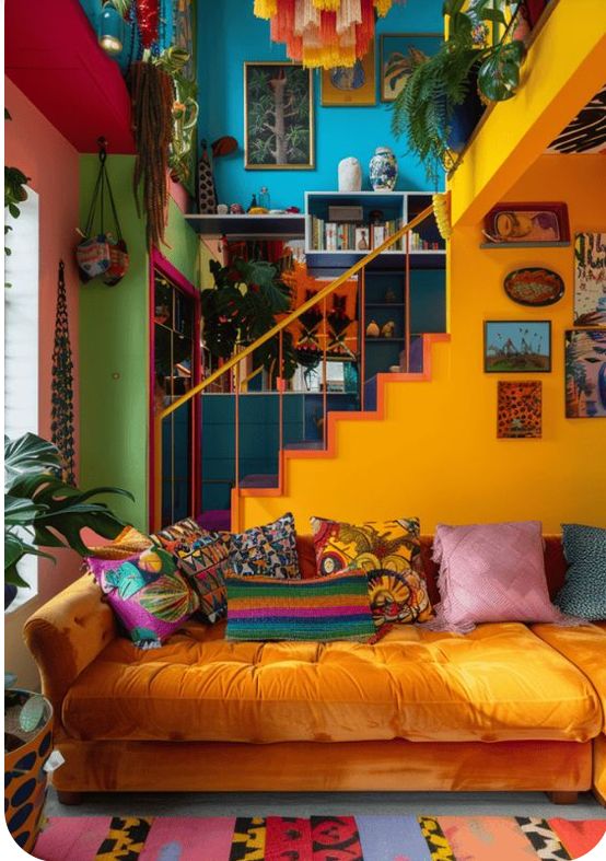 a living room filled with lots of colorful furniture next to a stair case and potted plants