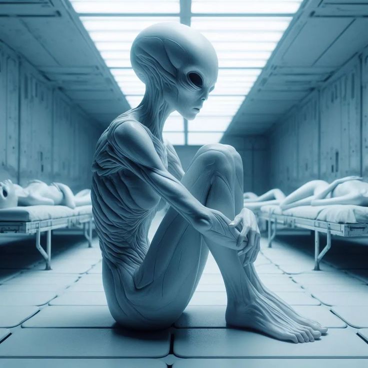 an alien sitting on the floor in a room full of beds