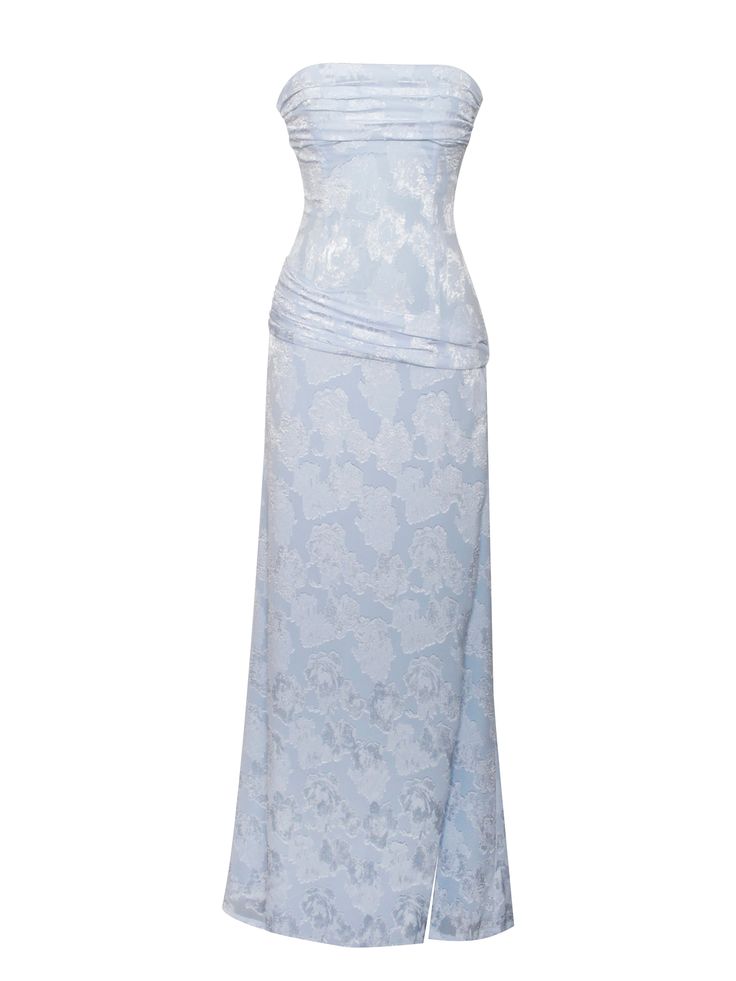 Introducing the Xatia in Baby Blue – an exquisite strapless jacquard textured maxi dress that exudes elegance and sophistication, perfect for summer. The ruched belt at the waist drapes asymmetrically to the hip, complemented by a thigh-high slit at the side. Two boned corset lines on the front bodice and a ruched panel at the bust, with sticky tape on the neckline edge for added support, ensure a chic and flattering fit. Fully lined in satin and featuring an invisible zipper at the side seam, t Baby Blue Maxi Dress, Textured Maxi Dress, Black Tie Party, Maxi Dress Blue, Dress Romper, Corset Dress, Thigh High, Invisible Zipper, Satin Dresses