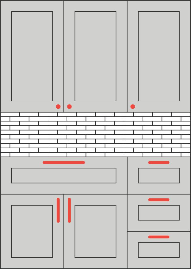 a kitchen with gray cabinets and red lines on the backsplash, as well as white brickwork