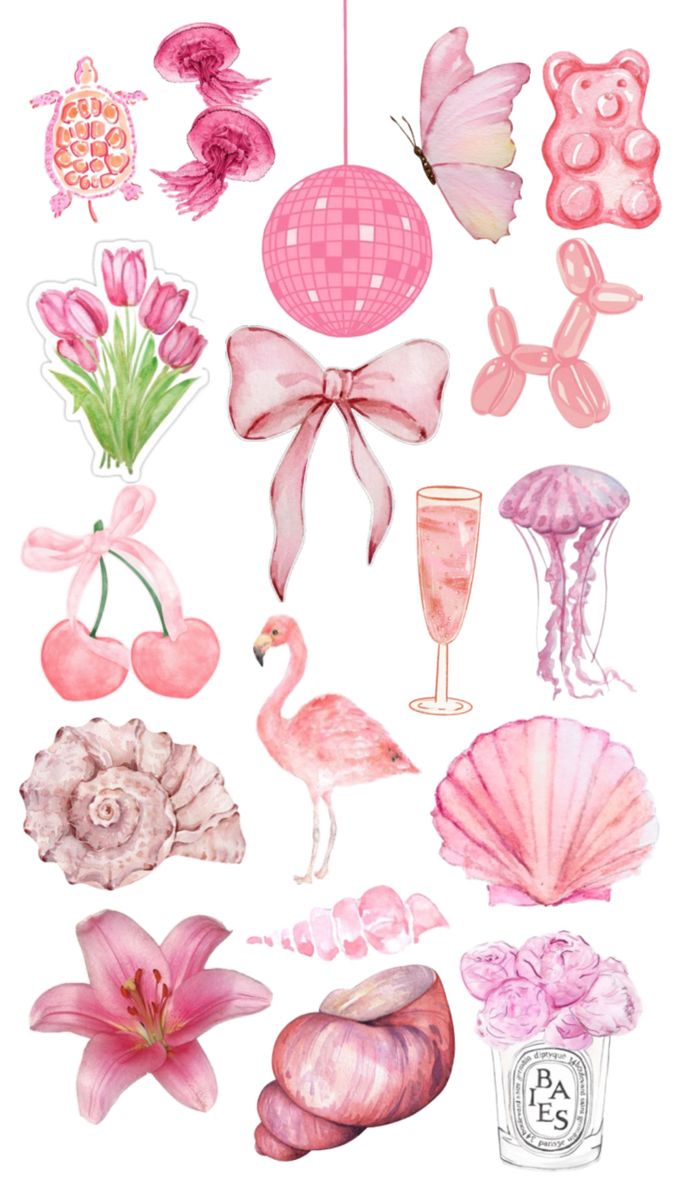 watercolor illustration of pink items and flowers