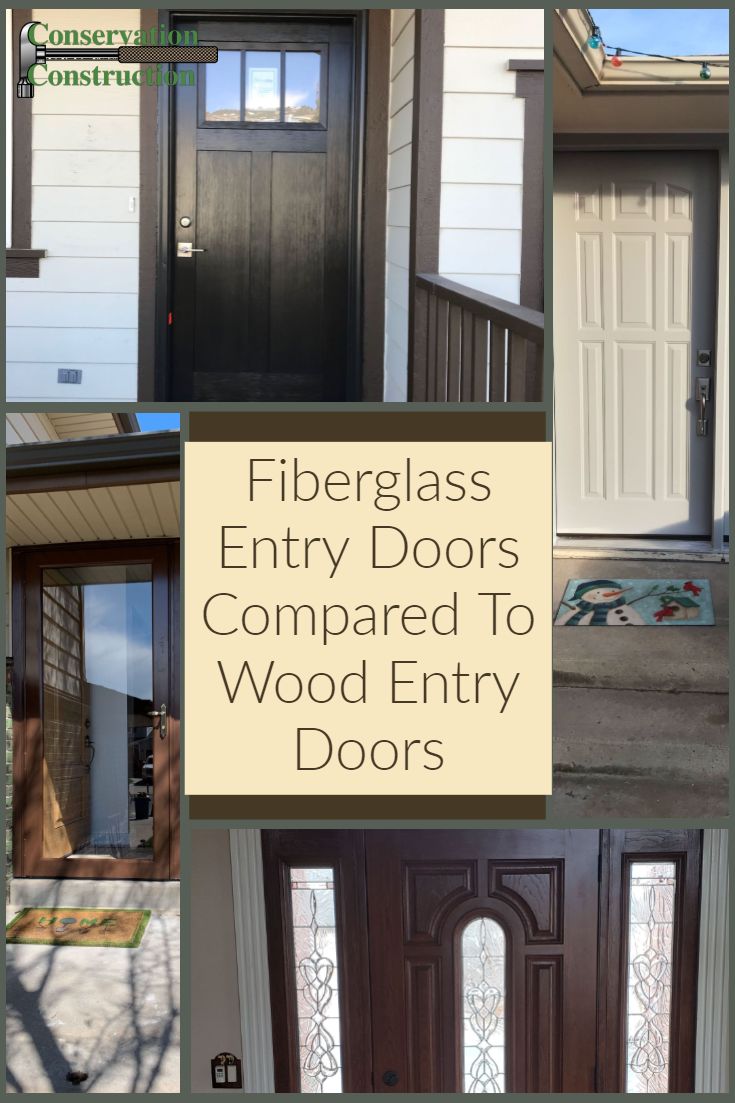 the front and side doors of a house with wood trimmings on each door