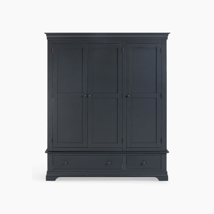 an armoire with two drawers and three doors on one side, in dark grey